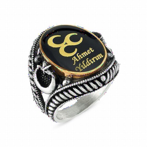 Ring with Name - Three Crescents Personalized Sterling Silver Men's Ring 100348195 - Turkey