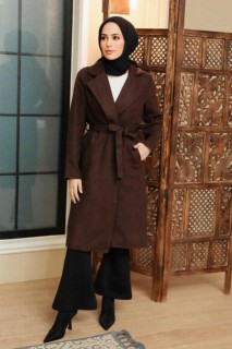 Outwear - Brown Hijab Stamp Coat 100344951 - Turkey