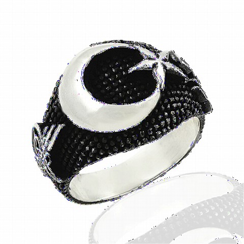 Moon Star Rings - Oval Black Background Crescent and Star Patterned Silver Men's Ring 100349079 - Turkey