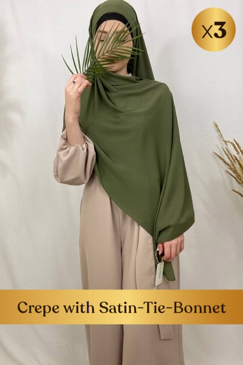 Ready to wear Hijab-Shawl - Crepe mit Satin-Tie-Bonnet - 3 Stück in Box - Turkey