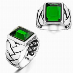 Zircon Stone Rings - Green Zircon Stone Knitted Model Silver Ring 100346354 - Turkey