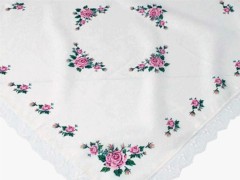 Square Table Cover - Cross-stitch Printed Guipure Fiskos Pink 100258176 - Turkey