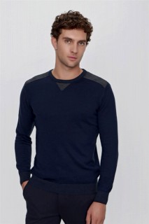 Zero Collar Knitwear - Men's Marine Trend Dynamic Fit Loose Cut Crew Neck Knitwear Sweater 100345162 - Turkey
