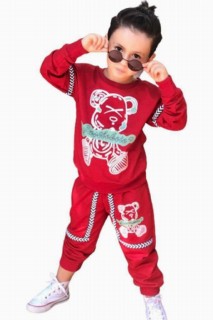Tracksuit Set - Boys Teddy Bear Printed Stripe Detailed Crew Neck Red Tracksuit Suit 100344695 - Turkey