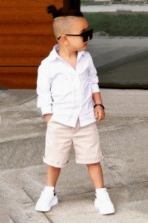 Shorts Set - Boy's Front Buttoned Long Sleeve Shirt with Zipper Beige Shorts Suit 100328418 - Turkey