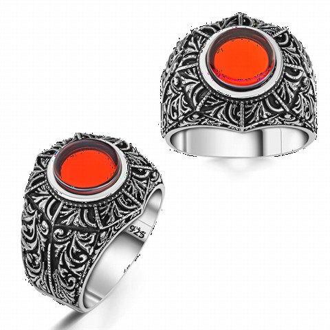 Agate Stone Rings - Ottoman Motif Agate Stone Silver Ring 100350285 - Turkey