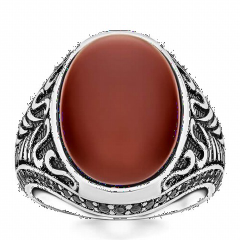 Agate Stone Rings - Agate Stone Ottoman Motif Sterling Silver Men's Ring 100349171 - Turkey