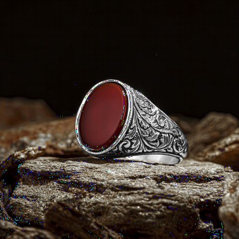 Agate Stone Rings - Oval Agate Stone Pen Embroidered Silver Ring 100349772 - Turkey