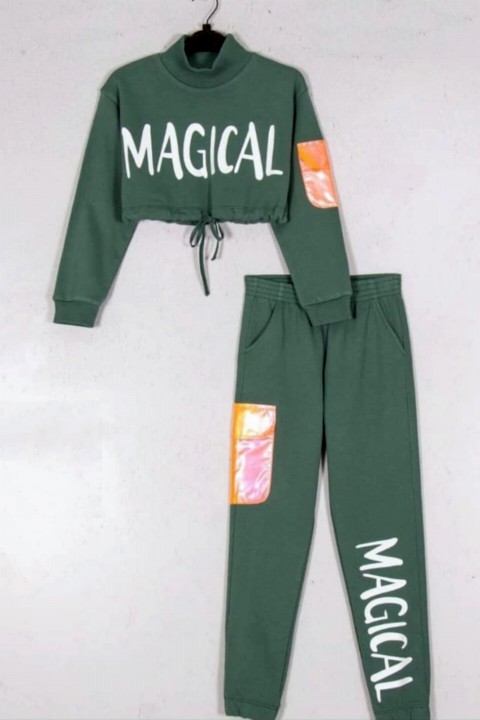 Tracksuits, Sweatshirts - Girl Magical Written Green Tracksuit Suit 100326943 - Turkey