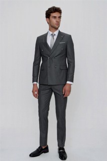 Suit - بدلة رجالية مخططة رمادية داكنة مزدوجة الصدر بقصة نحيفة بمقاس نحيف 6 إسقاط 100351003 - Turkey