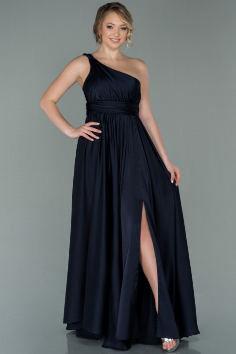 Woman Clothing - Evening Dress One Shoulder Leg Decollete Satin Long Evening Dress 100298382 - Turkey