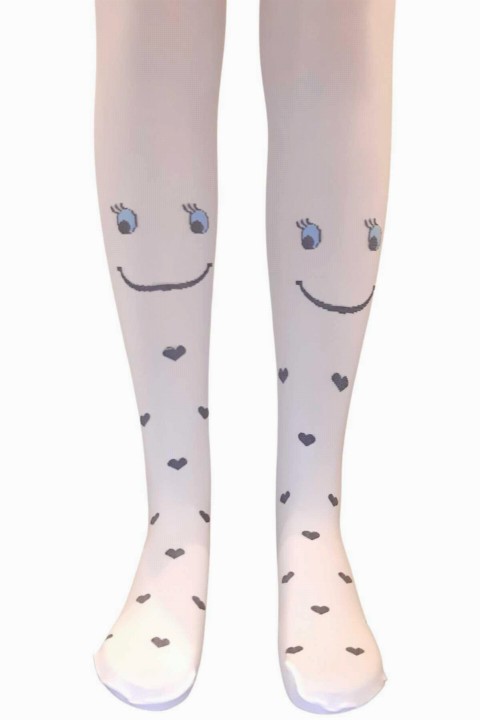 Girls - Girl's Smiling Face and Heart Printed White Tights 100328163 - Turkey