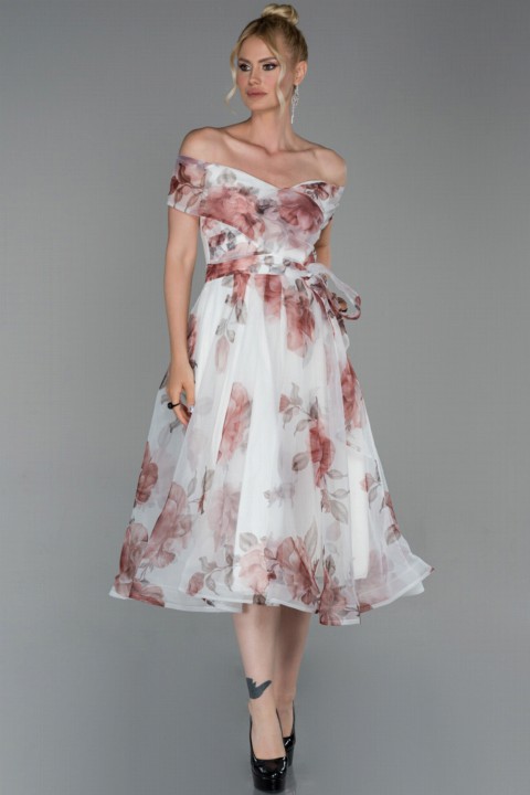 Evening & Party Dresses - Evening Dresses Boat Neck Floral Midi Evening Dress 100297026 - Turkey