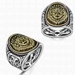 Animal Rings - Wolf Head Embroidered Ottoman Motif Silver Ring 100347679 - Turkey