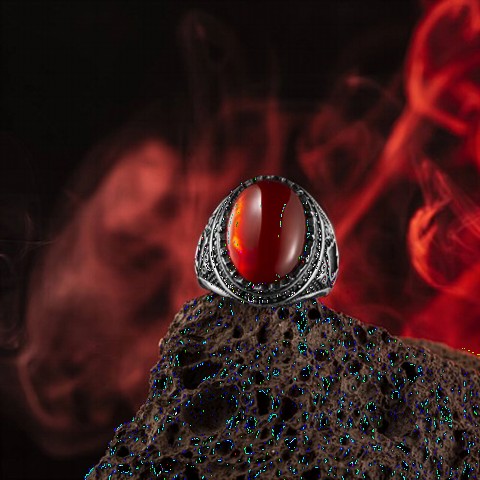 Agate Stone Rings - Red Agate Stone Edge Motif Sterling Silver Ring 100349136 - Turkey