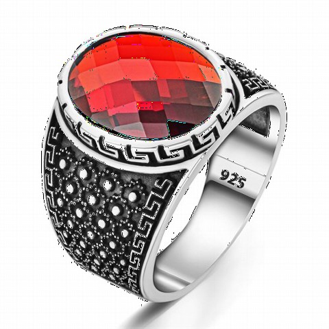 Edge Patterned Red Zircon Stone Sterling Silver Ring 100350308