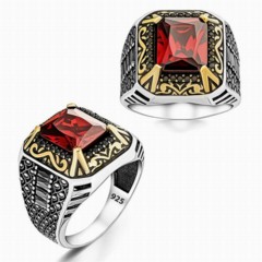 Zircon Stone Rings - Pronged Red Zircon Stone 925 Sterling Silver Ring 100346344 - Turkey