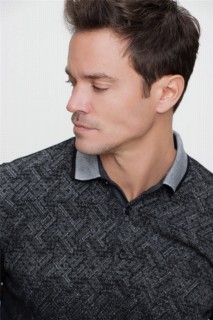 Men's Black Polo Buttoned Collar Dynamic Fit Comfortable Cut Patterned Knitwear Sweatshirt 100345129
