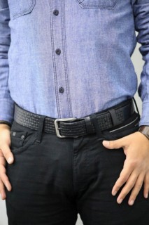 Belt - Guard Black Knit Pattern Leather Belt 100345942 - Turkey