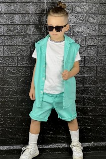 Shorts Set - Boys' Sleeves Slit Detailed and Printed on Back Mint Green Shorts Suit 100328226 - Turkey
