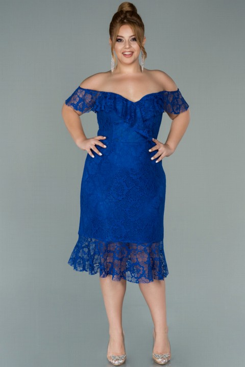Plus Size - Evening Dress Boat Neck Lace Midi Plus Size Evening Dress 100298131 - Turkey