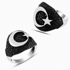 Moon Star Motif Oval Micro Stone Silver Ring 100347855