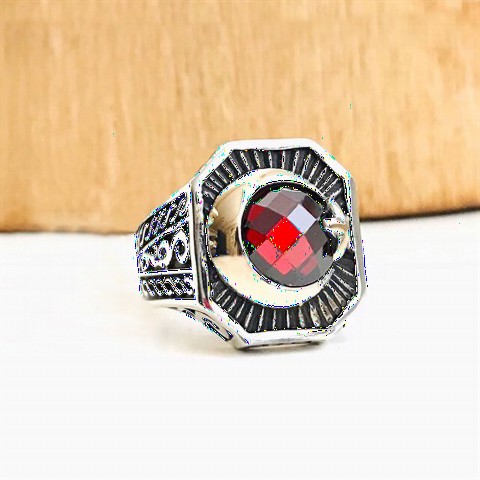 Moon Star Rings - Red Zircon Stone Moon Star Motif Sterling Silver Men's Ring 100349236 - Turkey