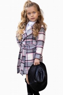 Coat, Trench Coat - Manteau et chemise à carreaux à double poche pour fille avec jupe à col licou gris-rose 100327303 - Turkey
