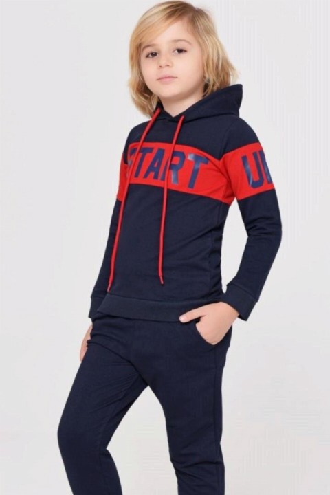 Girls-Boys Start Printed Hooded Navy Blue-Red Tracksuit 100327045