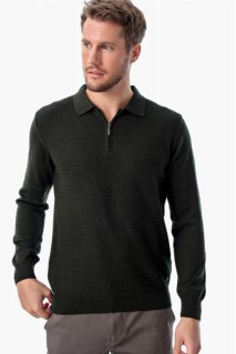 Mix - Men's Green Polo Zip Collar Dynamic Fit Comfortable Cut Patterned Knitwear Sweater 100345090 - Turkey