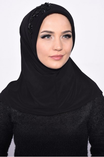 Evening Model - Hijab Paillettes Pratique Noir - Turkey