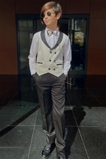 Suits - Boys Shawl Collar Pocketed Bow Tie 4 Piece White Bottom Top Suit 100351627 - Turkey