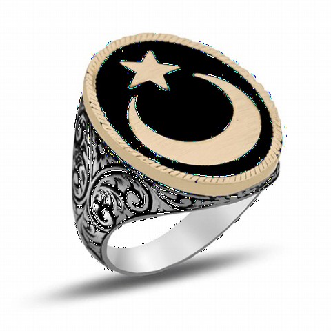 Moon Star Rings - Moon Star Patterned Seljuk Embroidered Sterling Silver Men's Ring 100349145 - Turkey