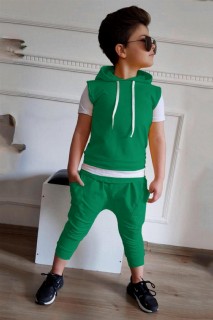 Tracksuit Set - Boy's Short Sleeved Green Tracksuit Suit with Layered Waist and Hooded 100328399 - Turkey