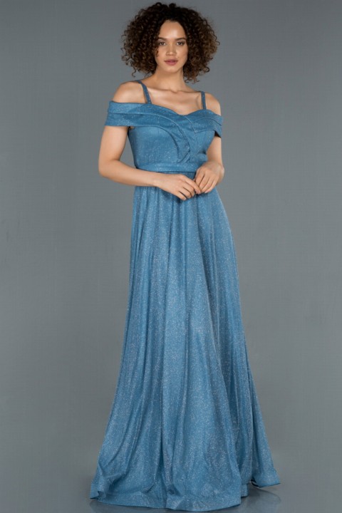 Woman Clothing - Evening Dresses Rope Strap Boat Neck Silvery Evening Dress 100298263 - Turkey
