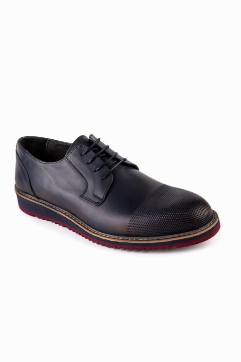 Shoes - Men's Navy Blue Casual Lace-Up Pieced Leather Shoes 100351150 - Turkey