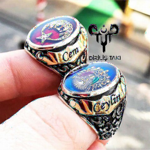 Ring with Name - Ottoman Coat of Arms Side Parts Name Writable Silver Men's Ring 100348496 - Turkey