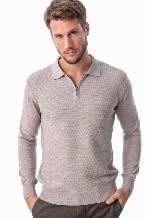 Knitwear - Men's Light Brown Polo Zip Collar Dynamic Fit Comfortable Cut Patterned Knitwear Sweater 100345089 - Turkey