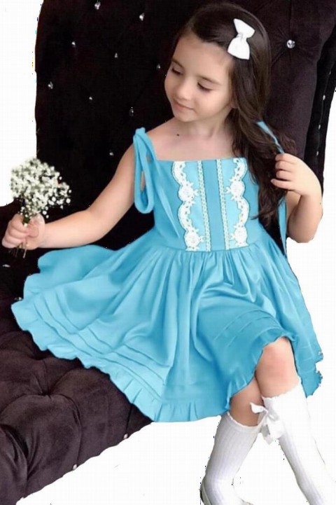 Outwear - Baby Girl Lace Embroidered Rope Strap and Hem Ruffled Blue Dress 100327381 - Turkey