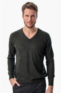 Knitwear - Men Khaki Dynamic Fit Basic V Neck Knitwear Sweater 100345084 - Turkey