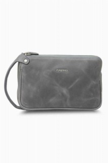 Leather - Guard Antique Gray Unisex Double Zippered Clutch Bag 100346206 - Turkey