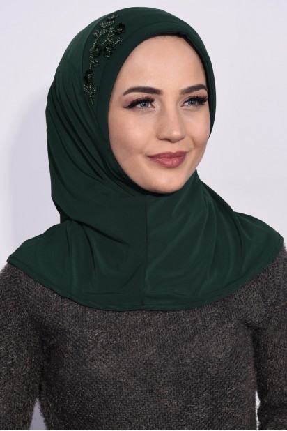 Evening Model - Hijab Paillettes Pratique Vert Émeraude - Turkey