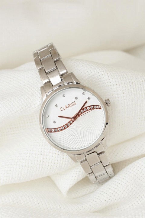 Woman Watch - Silver Color Metal Band White Color Zircon Stone Interior Design Clariss Brand Women's Wristwatch 100318613 - Turkey