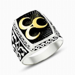 Moon Star Rings - Three Crescent Patterned Sterling Silver Men's Ring 100348915 - Turkey