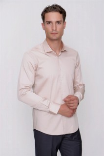 Shirt - Men's Beige Compact Slim Fit Slim Fit Plain 100% Cotton Satin Shirt 100351325 - Turkey