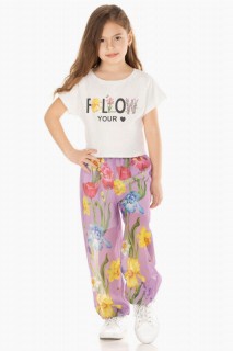 Girls - Girl's Floral Printed and Scarf Inner Shorts White Top and Bottom Set 100344722 - Turkey