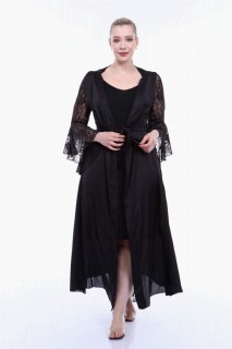 Pajamas & lingerie - Large Size Satin Dressing Gown with Lace Cape Sleeve 100276776 - Turkey