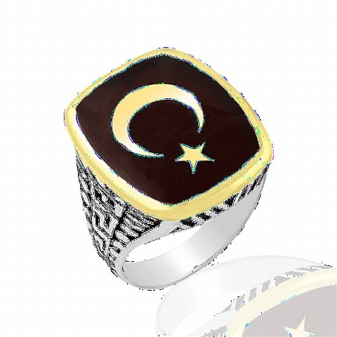 Moon Star Rings - Enamel Moon Star Patterned Sterling Silver Men's Ring 100349074 - Turkey