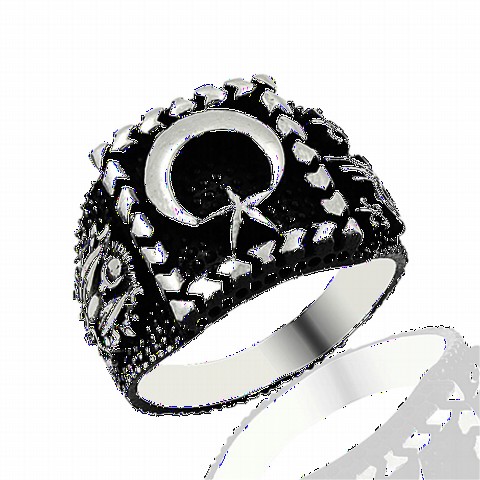 Moon Star Rings - Black Background Moon Star Patterned Silver Men's Ring 100349078 - Turkey