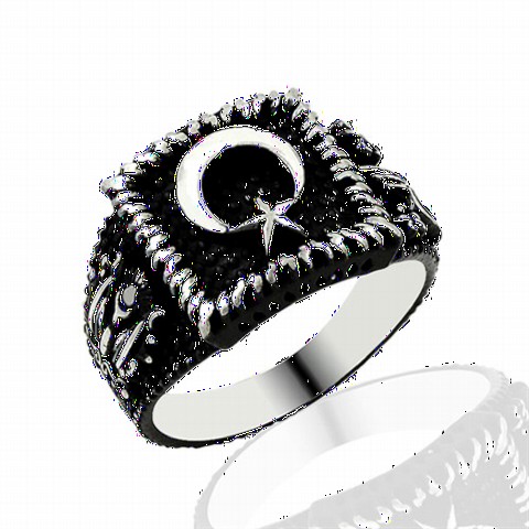 Moon Star Rings - Black Background Crescent and Star Patterned Silver Men's Ring 100349254 - Turkey